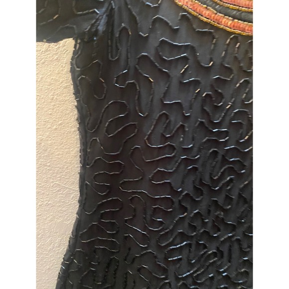 Laurence Kazar Vintage Beaded Silk Blouse Black Copper Sequin Swirl Top Small - Picture 7 of 15